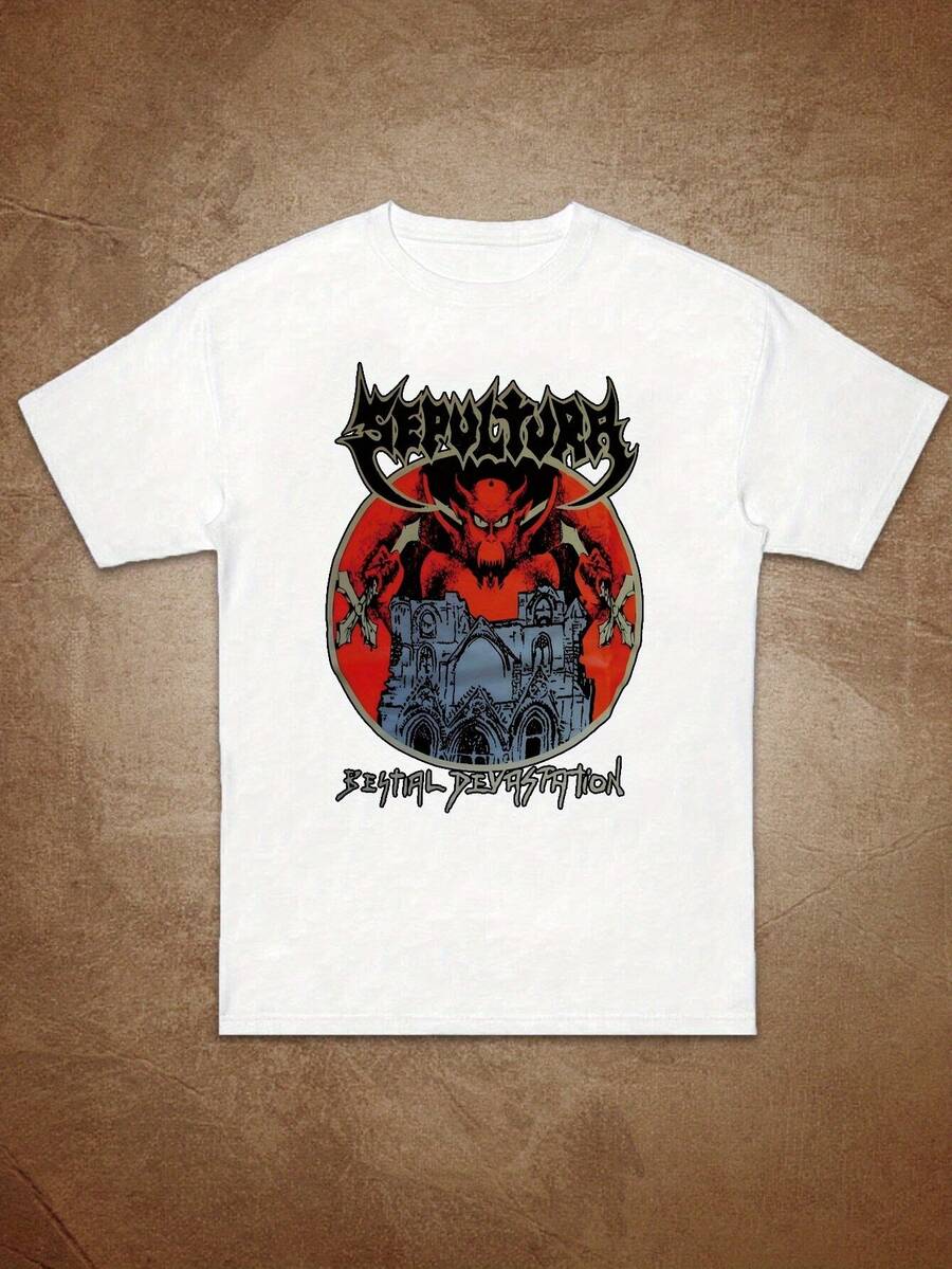 Camiseta Gráfica Sepultura para Mujer - Estampado de Diablo Rojo y Iglesia Gótica, Cuello Redondo, Manga Corta, Diseño Único con Arte de Banda Brasileña, Lavable a Máquina, Cómoda para Uso Diario y Todas las Temporadas - Blanco - Ver 1