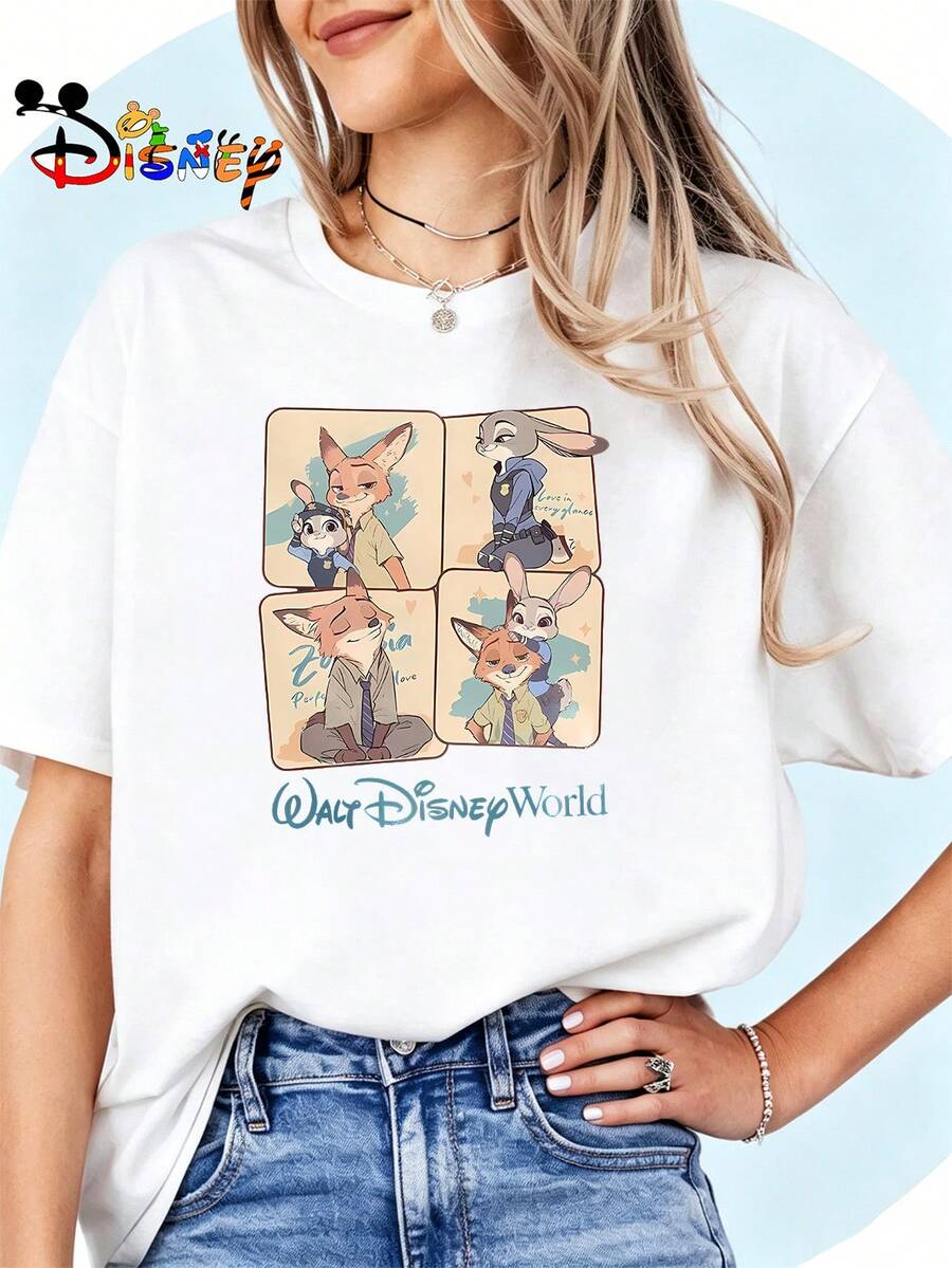 Breathable Cotton Disney Fan Tee | "Zootopia Nick & Judy" Retro Four-Panel Art Graphic Print | Nostalgic Park-Ready Pullover Shirt - 白色 - 查看 1