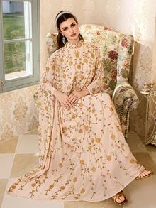 Elegant Embroidered Long Robe, Stand Collar, Pearl Embroidery, Batwing Half Sleeves, Soft Fabric Suitable For Parties And Formal Events - Apricot - View 11