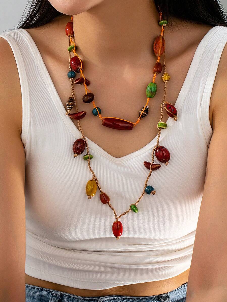 1/2 Pcs Handmade Bohemian Earth Tone Beads Charm Necklace For Women, Summer Boho Layered Statement Necklace, Jewelry - Multicolor - View 1