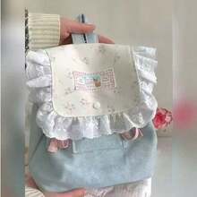 Back To School Cute Floral Cat Print Canvas Backpack, Fresh Indie Design, Suitable For Female College Students - Baby Blue - View 3