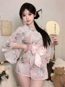 1pc Japanese Style Sakura Geisha Sexy Innocent Bow Kimono Costume Set, Suitable For Cosplay, Parties, Performances, Photoshoots - Includes Dress + Sash Only Spring - Multicolor - View 8