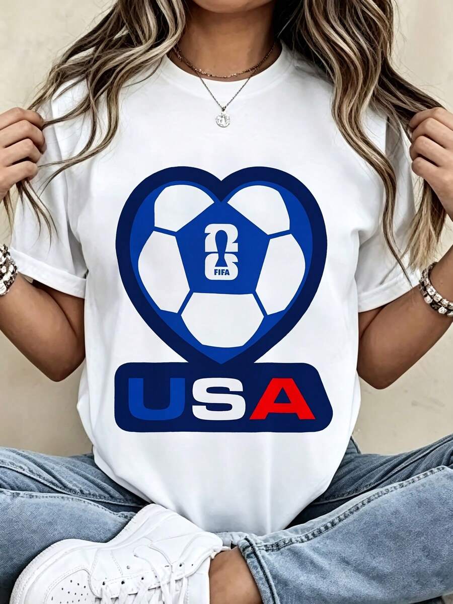 [Official FIFA World Cup Licensed]USA Soccer Heart Graphic T-Shirt - Women's Casual Crew Neck Cotton Tee With FIFA Emblem Design, Soft Breathable Summer Top For USWNT Fans, Patriotic Sports Gift For World Cup, Birthday, Or Match Day - 白色 - 查看 1