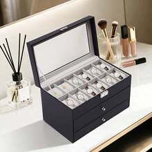 Watch, Glasses, Jewelry Organizer, 3-Tier Display Storage Box, 12 Watch Slots, 6 Glasses Compartments, Large Glass Lid, Accessory Organizer, Black PU Velvet Box With Glass Lid And Lock - Black - View 2