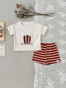 2pcs/Set Baby Boy Cake Embroidery Waffle Knit Short Sleeve T-Shirt + Striped Shorts, Spring/Summer - Red - View 4