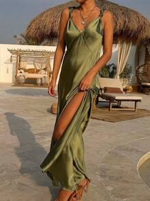Satin Slip Dress V-Neck Knot Strap Slit Maxi Dress - Verde Oliva - Ver 2