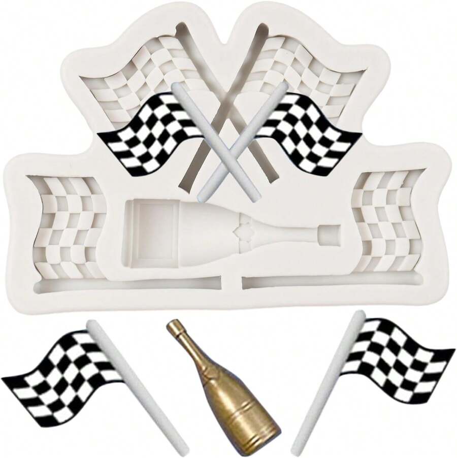 Racing Car Flag Champagne Bottle Silicone Fondant Mold For Cake Decorating Chocolate Candy And Polymer Clay Crafting - Style a - View 1