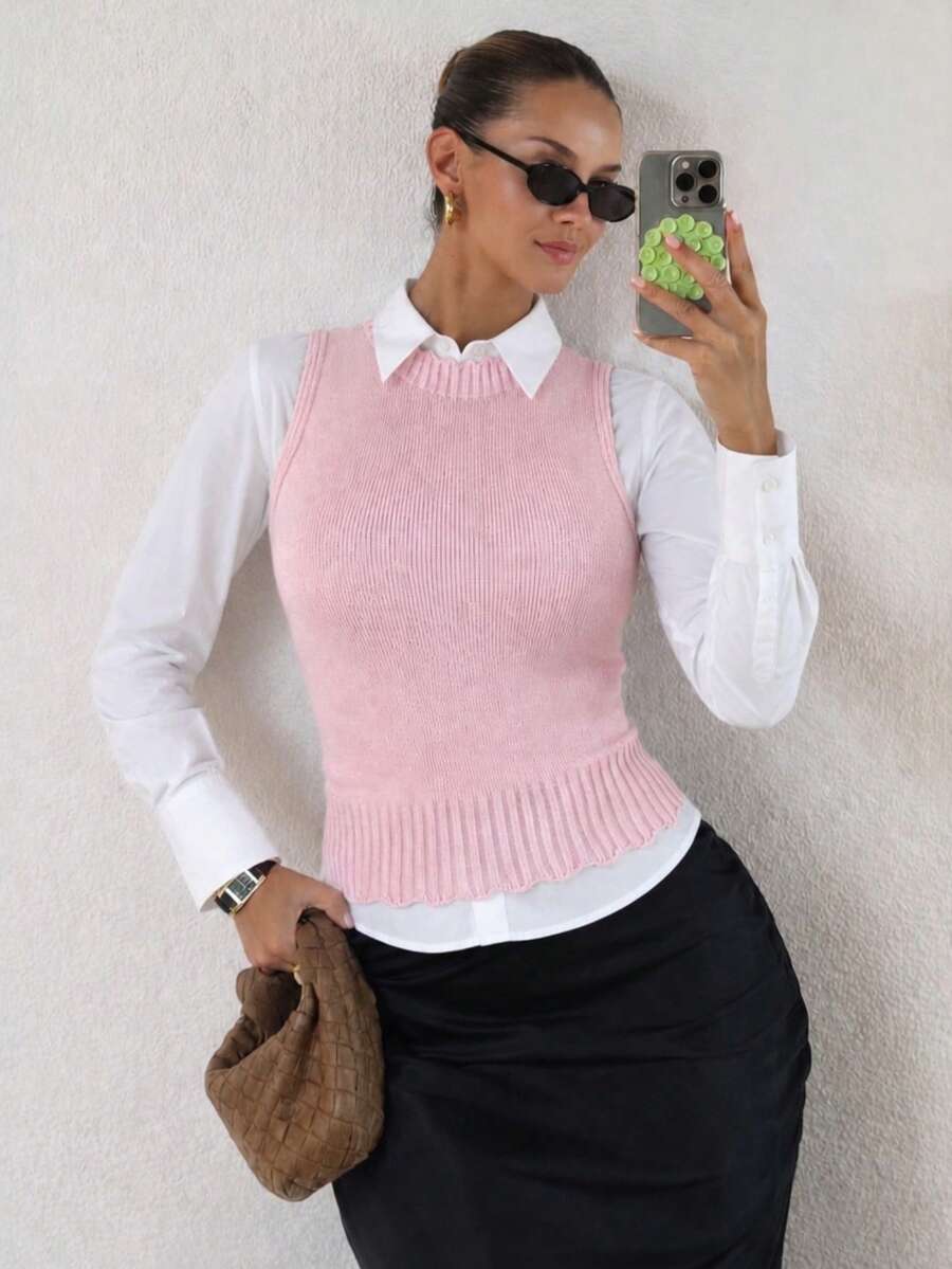 Women's Tank Top Vest, Water Bottle Style, Modal Knit, Winter/Summer Fitted Layering, Basic - Baby Pink - View 1