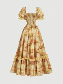 Vestido de elegante con estampado floral, cintura fruncida y mangas con volantes para mujer - Rosa - Ver 11