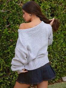 Women American Flag Off Shoulder Knit Sweater, Oversized Star Stripe Long Sleeve Loose Pullover, Patriotic Jumper For 4th Of July Daily Casual Wear - 灰色 - 查看 4