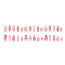 30Pcs Flower Press On Nails - Medium Almond French Tip Fake Nails With 3D Pearls Design Cute Bow & Flowers False Nails Nude Pink Glossy Full Cover Small Floral Reusable Acrylic Glue On Nails For Women - 蝶式貝殼 - 查看 7
