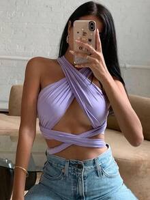 Top cruzado con tiras en la parte delantera para mujer, Top corto sin mangas con cuello Halter y espalda descubierta, chaleco Bandage, Tops sexys de verano, ropa para mujer - Marrón - Ver 1