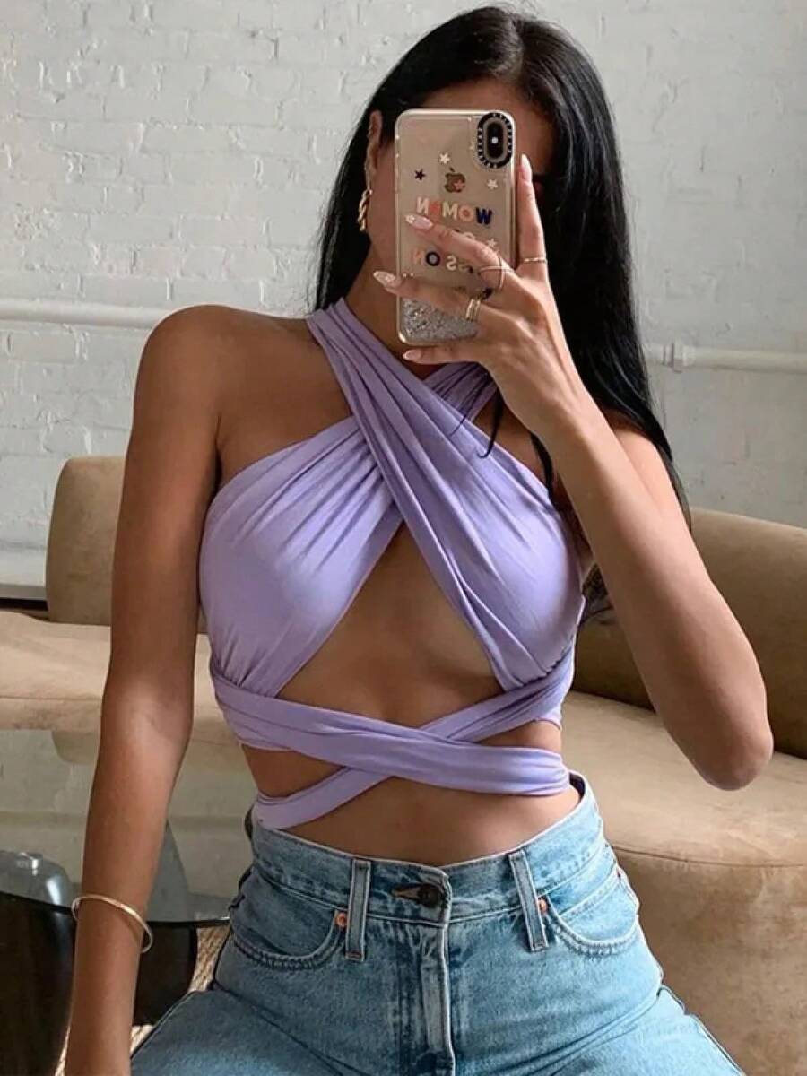 Top cruzado con tiras en la parte delantera para mujer, Top corto sin mangas con cuello Halter y espalda descubierta, chaleco Bandage, Tops sexys de verano, ropa para mujer - Marrón - Ver 1