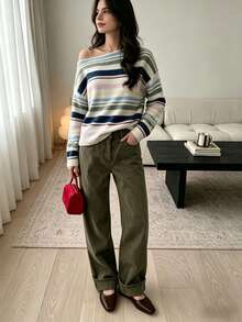 Lubi Women's Spring Early Autumn Fashion Colorful Striped Asymmetric Neck Collar Wide Long Sleeve Short Knit Fabric Pullover Top, Suitable For Daily, Office, Date, Street, Travel - Multicolor - View 7