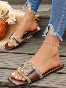 [Casual Flat Sandals] Summer Casual Women's Chain Buckle Flat Sandals, Open Toe, Slip-On, TPR Sole - Suitable For Beach - Brown - View 6