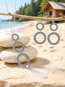 1 Set Women's Elegant Jewelry Set, Chain Tassel Pendant Necklace & Round Link Earrings, Suitable For Daily Wear - Antique Silver - View 7