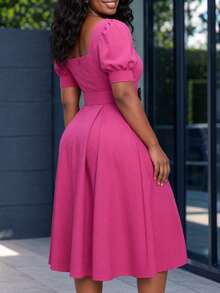 Vestido de Comprimento Médio Feminino NOU, Design de Decote Quadrado Aumenta a Exposição da Pele, Valoriza o Pescoço, Design de Manga Farol Valoriza as Linhas do Braço, Cinto na Cintura Afina a Cintura, Silhueta Solta Plissada em A Adequada a Diversos Tipos Físicos, Tecido Respirável e Leve Adequado para Primavera/Verão, Escritório, Local de Trabalho, Vestido Minimalista Elegante de Cor Sólida de Comprimento Médio, Cinto de Tecido, Adequado para Casamento, Escritório, Diário, Casual, Local de Trabalho, Primavera/Outono - Pink - Visão 3