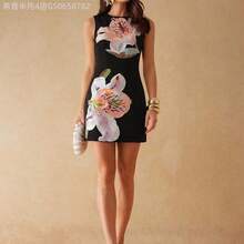 Fengyu Women's Clothing Store Vestido casual mini de mujer con cuello redondo, sin mangas y estampado floral - Rosa Pálido - Ver 9