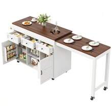 Kitchen Island With Storage, Extendable Dining/Bar Table (131.5-210 Cm), 360° Swivel, With Drawers And Cupboards, Versatile Worktop For Kitchen, Dining Room And Small Spaces, Black - White - View 1