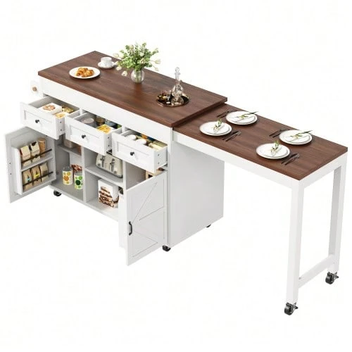 Kitchen Island With Storage, Extendable Dining/Bar Table (131.5-210 Cm), 360° Swivel, With Drawers And Cupboards, Versatile Worktop For Kitchen, Dining Room And Small Spaces, Black - White - View 1
