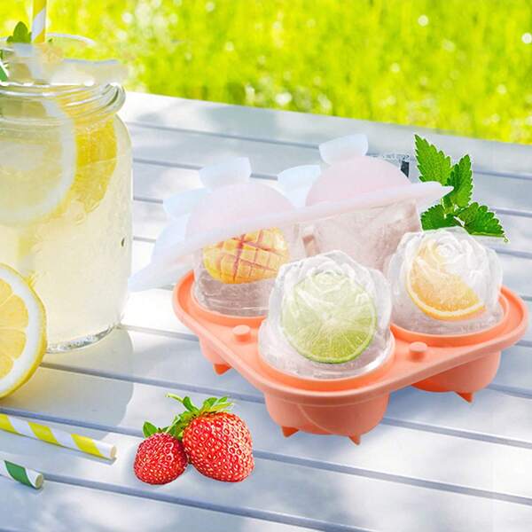1PC Romantic Rose Silicone Ice Tray, 4-Cavity Design, Flexible Silicone With Dustproof Cover. Stereo Rose Shape & Easy Demolding, Perfect For Whiskey And Cocktail. Daily Supply For Home Bar, Lovely Decor For Valentine's Day & Wedding Seaso