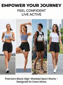 Women's Quick-Dry High Waist Sports Shorts, 5-Inch Activewear Running Fitness Cycling Shorts With Pockets, Lightweight Outdoor Workout Yoga Essential For Summer - Black - View 8