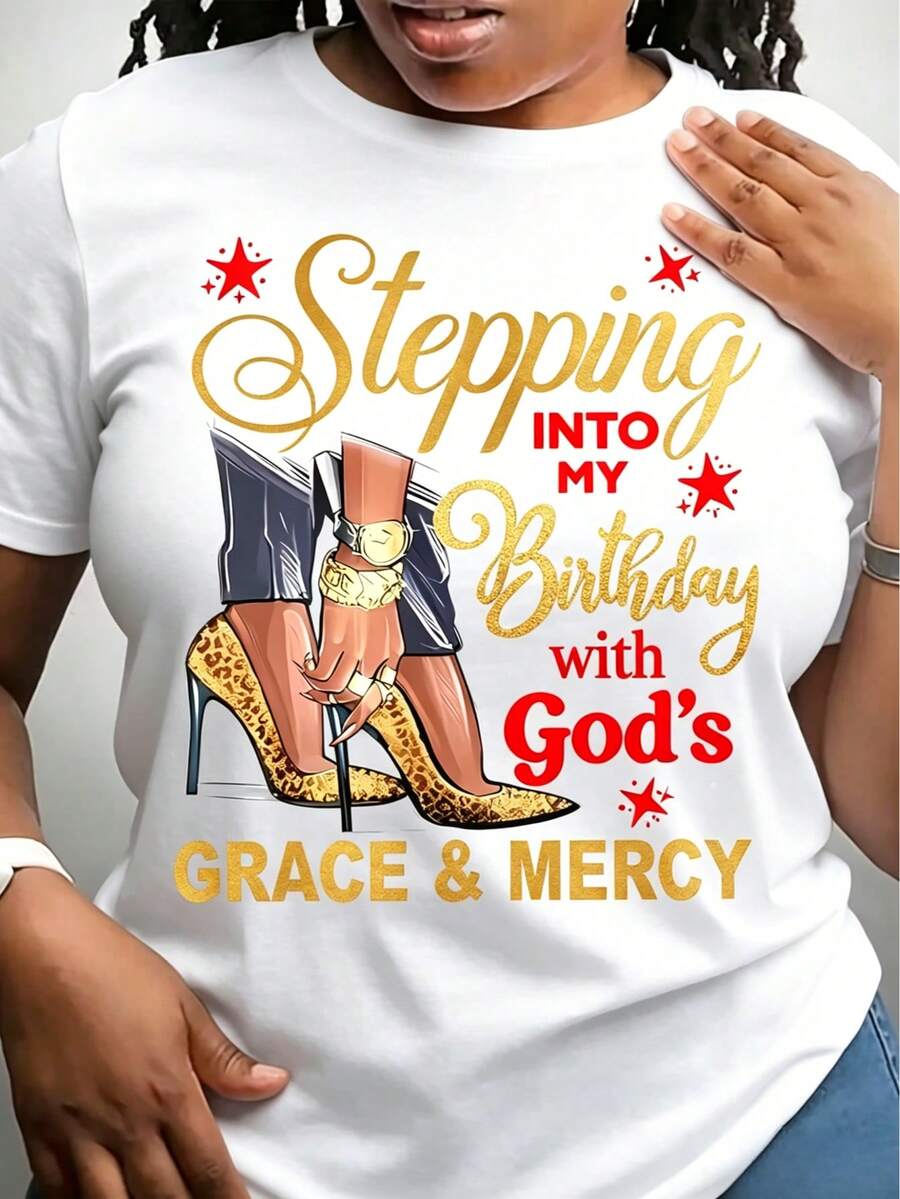 Women'S Casual Stepping Into My Brithday With God'S Grace&Mercy Print Lightweight T-Shirt, Crew Neck Short Sleeve Tops For Summer, Summer Vacation Clothing, Suitable For Festival & Daily Wear - 白色 - 查看 1