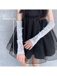 1 Pair Y2K Style Lace Strap Decor Short Solid Color Open Finger Rolled Edge Wrist Sleeve - Multicolor - View 10