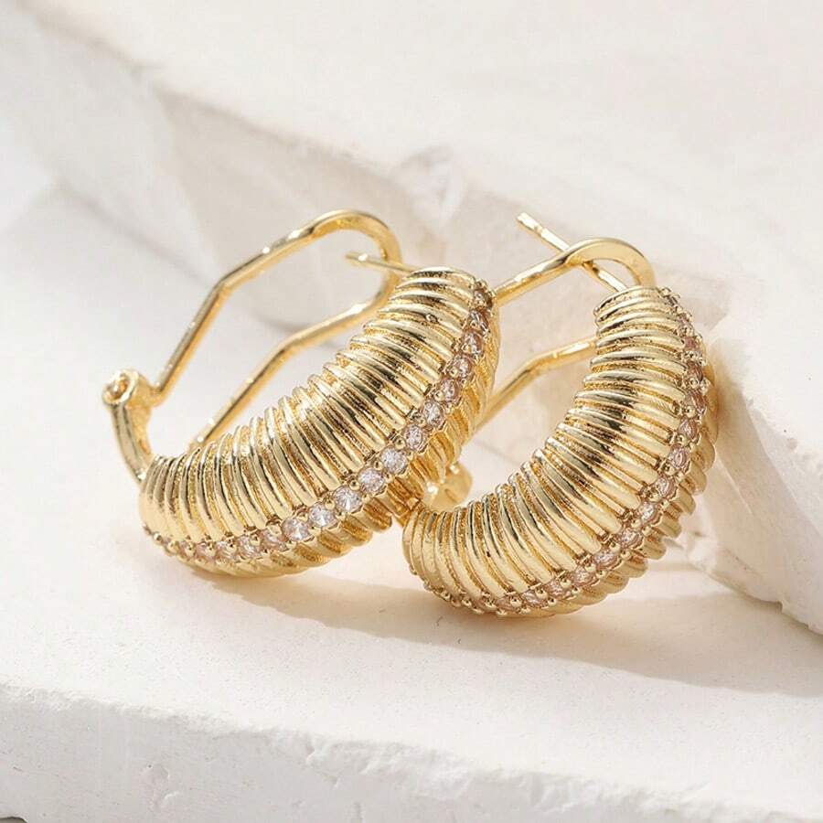 复古黄金耳环,镶嵌立方氧化锆,独特订婚耳环,适合作为礼物送给她或女士 - 金色 - 查看 1