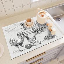 1 pieza Felpudo de secado de platos con estampado de gallo y gallina de estilo rústico, almohadilla absorbente y de secado rápido para encimera de cocina, mesa de comedor, barra de café, felpudo de drenaje versátil, regalo de decoración del hogar - XYLSD-445 - Ver 6