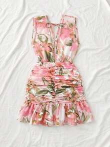 Vestido de vacaciones sin mangas con cuello en V profundo, estampado floral y drapeado - Multicolor - Ver 3