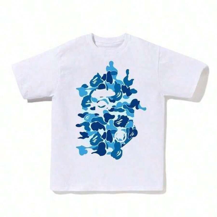 Camiseta de verano de algodón puro de manga corta, unisex, clásica de para hombres y mujeres – Camiseta de algodón con estampado gráfico ABC Camo F - Blanco - Ver 1