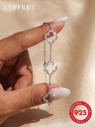 ESBERRY 1 stuk elegante damesarmband met holle diamanten klaver, 925 sterling zilver, geschikt voor dagelijks gebruik, feestjes en als verjaardagscadeau.