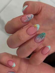 30片短杏仁形花卉與海洋美甲法式穿戴式假指甲，短款完美貼合假指甲組，包含：1件凝膠指甲油與1件指甲銼條，短杏仁形美甲 - 彩色 - 查看 8