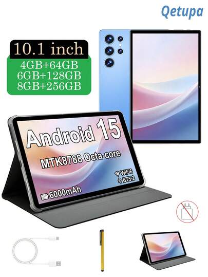 Qetupa 10.1 Inch Android 15 Tablet PC, With Protective Case And Stylus Pen, 4GB/6GB/8GB RAM + 64GB/128GB/256GB ROM (Expandable To 1TB), MTK8788 Octa-Core 2.0GHz Processor, 1280x800 HD IPS Touchscreen, 5MP Front Camera And 8MP Rear Camera, 6000mAh Battery, WiFi 6, Bluetooth 5.2, GPS, Type-C Charging, No SIM Card Slot - Ultra-Thin And Portable, Suitable For Business, Study, Mobile Office And Entertainment, Suitable For Children Or Adults, Perfect Gift For Christmas, Valentine's Day, Birthday And Other Holidays