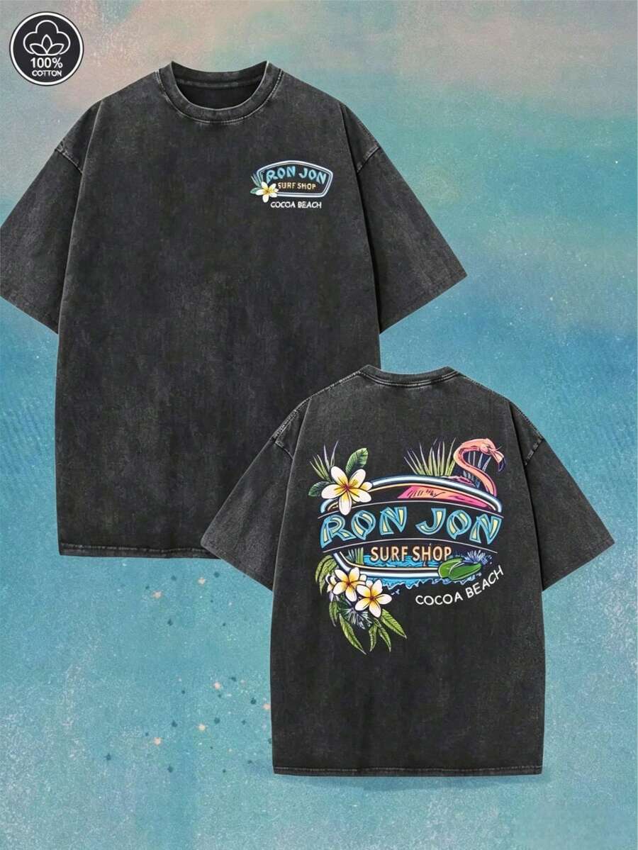 2026 New Everyday Tops. 230g Cotton Tee With Surf Shop Print, Breathable & Lightweight. Street Style Unisex Top, Great For Daily Look And Vacation. - 黑色 - 查看 1