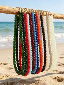 1pc European And American Bohemian Simulated Stone Abacus Beaded Short Necklace, Stainless Steel Accessories, Suitable For Holiday And Beach - Handmade Beaded Faux Stone Stainless Steel Necklace - View 12