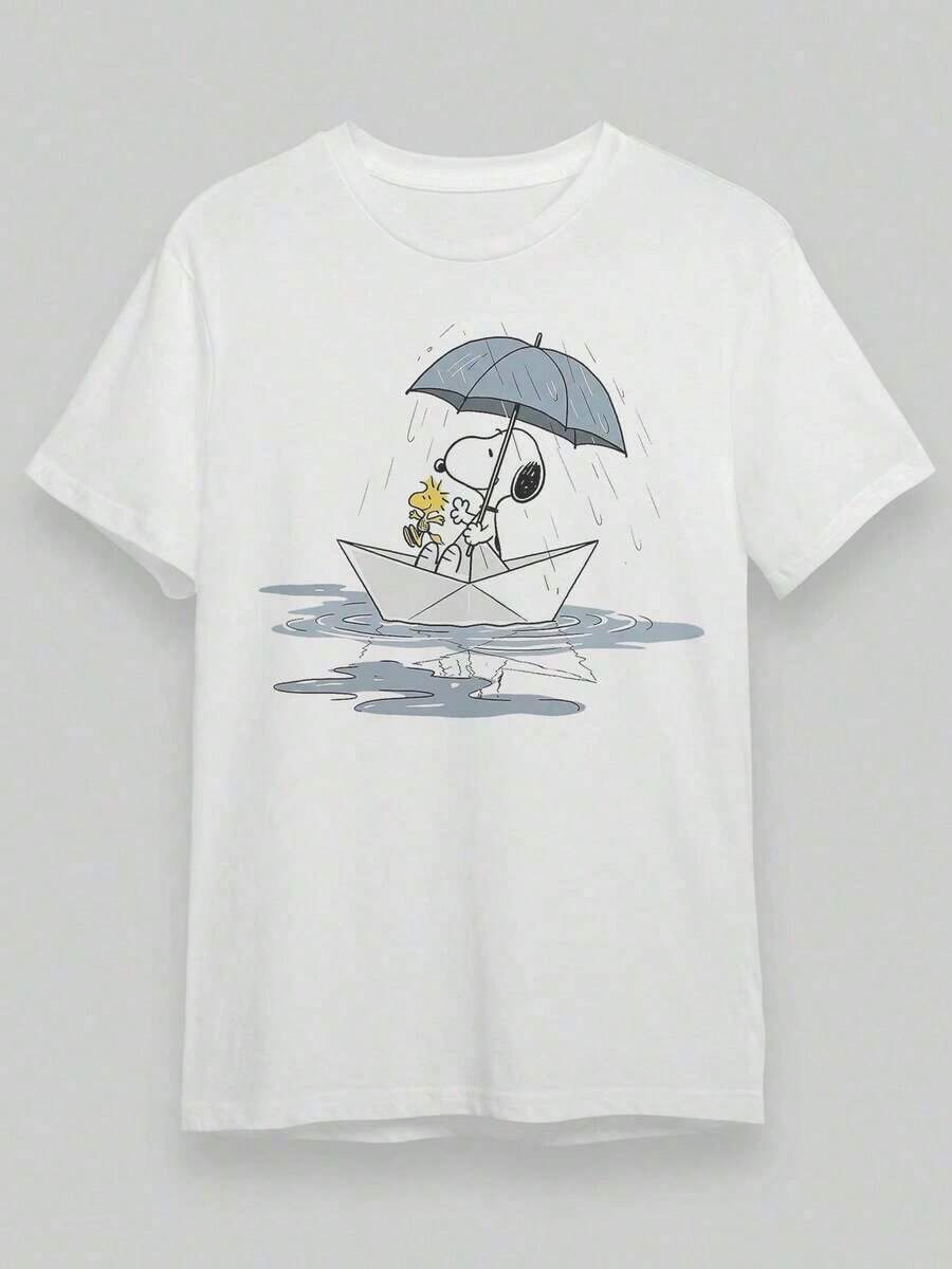 Camiseta Casual de Cuello Redondo con Estampado de Dibujos Animados para Hombre, Camiseta con Dibujo de Perro en Barco de Papel con Paraguas - Camiseta Casual Unisex de Algodón para Hombre y Mujer - Camisetas de Manga Corta con Cuello Redondo para Uso Diario, Lavable aáquina - Perfecta para Verano y Actividades al Aire Libre,% Algodón | Diseño exquisito | Suelto y cómodo | Fácil de combinar | verano - Blanco - Ver 1