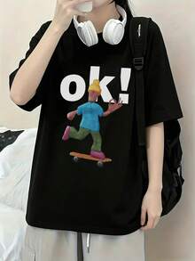 Vintage Japanese Style T-Shirt For Women, Loose Fit, With Round Neck, Casual, Short Sleeves, With Cute Cartoon Print, White Top For Spring/Summer. - Black - View 3