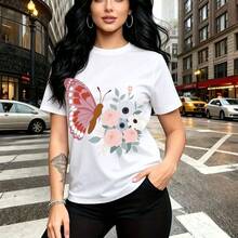 Camiseta de mujer con estampado de mariposa rosa y blanca sobre ramos de flores - camiseta casual de manga corta, ajuste cómodo y moderno, estilo urbano chic - ideal para paseos por la ciudad, tardes de shopping y regalo perfecto para mamá, esposa, n - Blanco - Ver 8