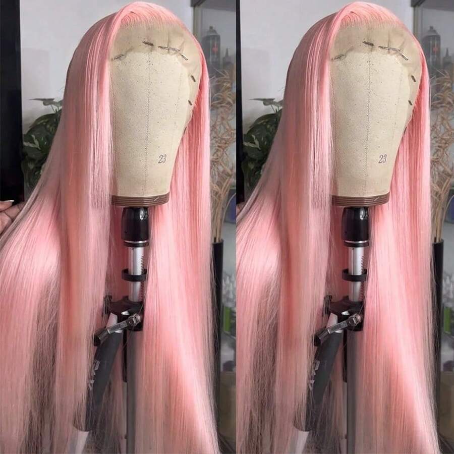 Stunning Purple Hair Synthetic Lace Front Wigs 26 Inch Pre Plucked Long Straight Hair Wigs 13X4 HD Lace Wigs Glueless Dark Purple Colored Wigs Heat Resistant Halloween Wigs Deep Purple Long Silky Straight Lace Front Wigs For Fashion Women For Daily Christmas Party Cosplay Use - Màu Hồng baby - Xem 1