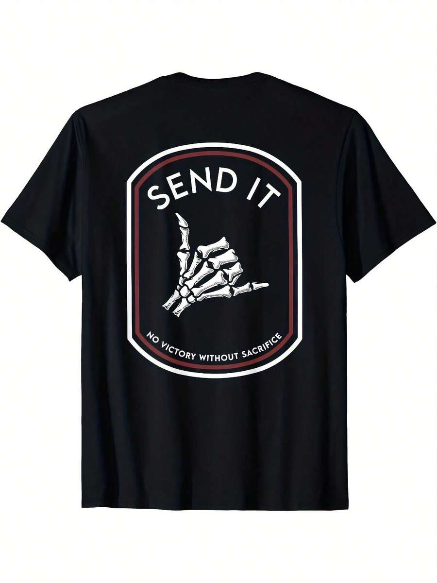Men'S Send It No Victory Without Sacrifice Skeleton Hand T-Shirt Black Adult Casual Fa, Birthday, Father's Day Gift, Suitable For Men, Women, Family And Friends, Black Casual Short-Sleeved Crew Neck T-Shirt - màu đen - Xem 1