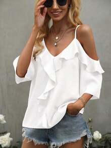 Blusa de hombros descubiertos ribete con fruncido - Albaricoque - Ver 5