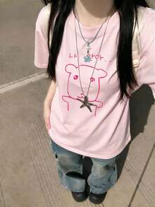 女款圓領短袖T恤，夏季新款卡通小狗印花，時尚休閒百搭寬鬆上衣，粉色 - 粉色 - 查看 8