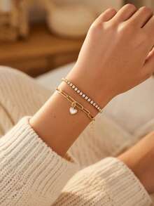 2pcs/Set Luxury Delicate Heart Pendant Bracelets, Rhinestone Chain Bracelet Set For Women - Yellow Gold - View 3
