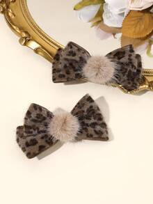 2pcs Leopard Print Plush Bow Hair Clips With Beige Faux Fur Ball & Brown Frog Button Decoration, Cute Fashion Hair Clips, Alligator Clips & Hairpins, Birthday, Party & Daily Wear Hair Accessories For Girls - Brown - View 2
