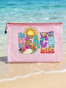 Beach Life 海灘風網格收納袋 | 透氣防水拉鍊袋，適用於海灘/泳池/旅行，海灘風印花收納袋，海灘度假網格袋，透氣防水游泳與盥洗袋 - 彩色 - 查看 14