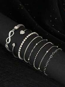8pcs Bracelet Set, Beach-Inspired And Fashionable, Featuring Heart, Round Gem, Drop,, And Lucky Elements, Suitable Women's Daily Wear Or Night Out Party. Set Includes Bracelets And Bangles With Simple & Stylish Design, Decorated With Rhinestones And Heart-Shaped Charms. Any Occasion! Valentines,Mom,Mother,Mother's Day, - 主圖款 - 查看 12