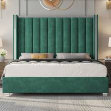 Velvet Upholstered Bed Frame With 58" Tall Channel Tufted Wingback Headboard And Plating Trim – Platform Design, No Box Spring Required - Green - View 6