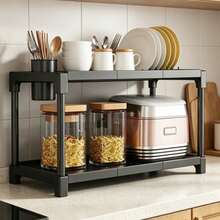 Organizador de cocina apilable de hierro reforzado, estantería de almacenamiento de 2 o 3 niveles para encimera, estantería de escritorio de varios niveles para utensilios de cocina, platos y especias, organizador de cocina duradero, resistente a arañazos y óxido que ahorra espacio - Negro - Ver 7